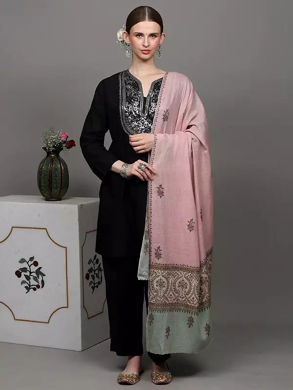 Exotic India Powder-Pink Pure Pashmina Palladar Shawl With Sozni Embroidered Paisley Bootis 