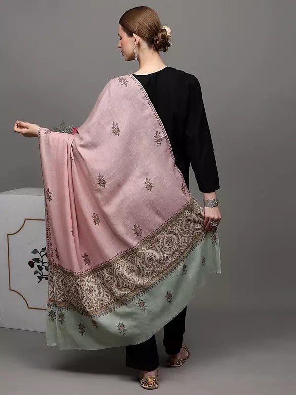Exotic India Powder-Pink Pure Pashmina Palladar Shawl With Sozni Embroidered Paisley Bootis 