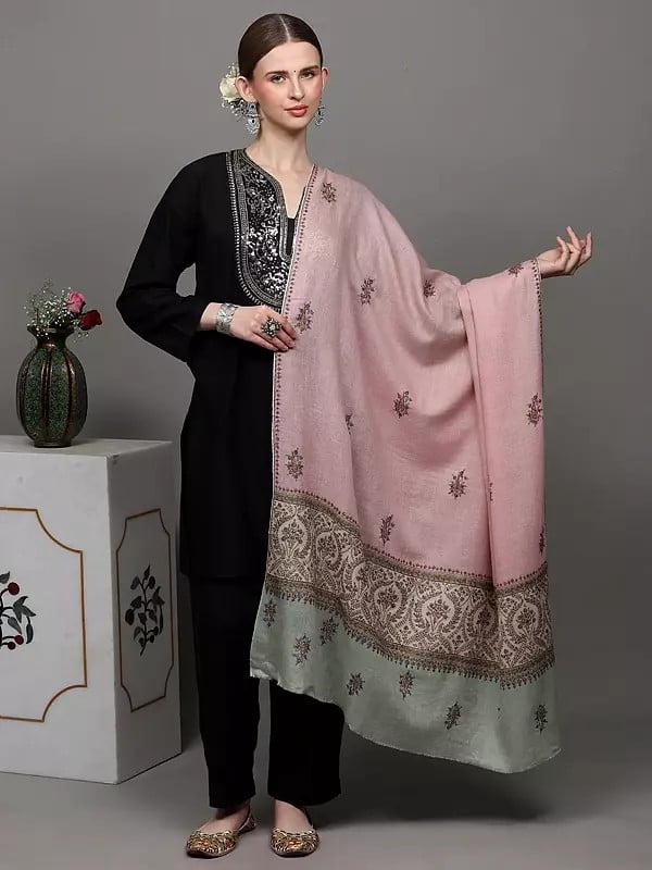 exotic india Powder-Pink Pure Pashmina Palladar Shawl with Sozni Embroidered Paisley Bootis 