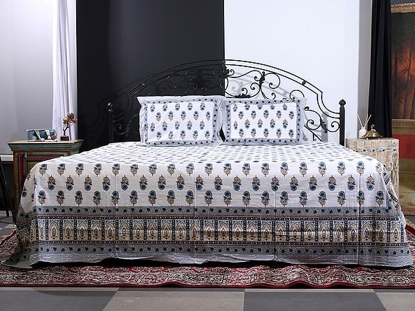 Exotic India Powder-White Bagru Floral Motif Handblock Printed Cotton King Size Bedsheet With Two Pillow Cover 