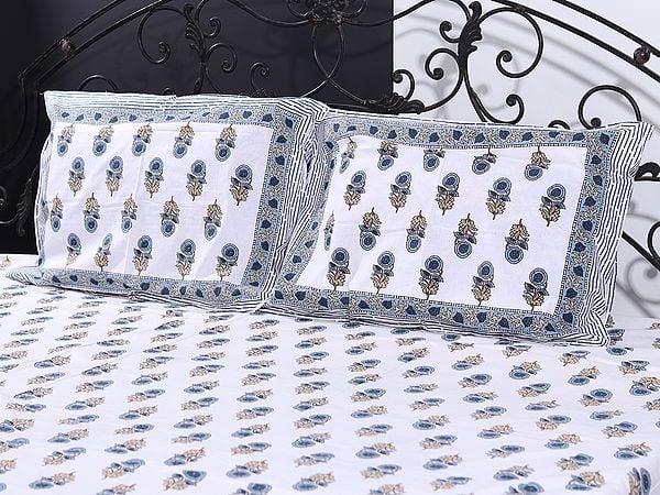 Exotic India Powder-White Bagru Floral Motif Handblock Printed Cotton King Size Bedsheet With Two Pillow Cover 