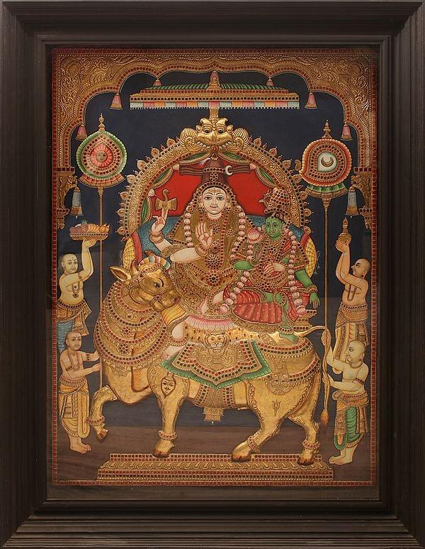 exotic india Pradosha Moorthy (Shiva - Parvati) | Embossed Tanjore Painting | Traditional Colors with 24 Karat Gold | With Frame