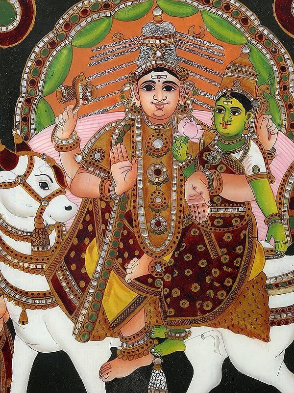 Exotic India Pradosha Moorthy (Shiva Parvati) | Glass Painting With Frame 