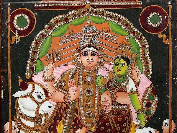 Exotic India Pradosha Moorthy (Shiva Parvati) | Glass Painting With Frame 