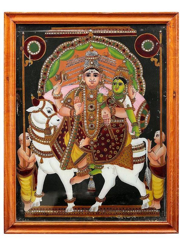 exotic india Pradosha Moorthy (Shiva Parvati) | Glass Painting with Frame