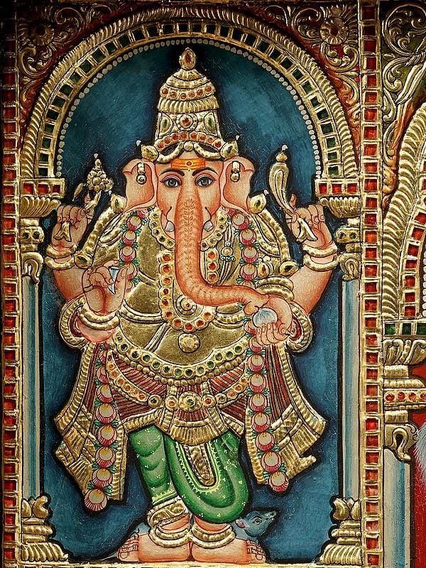 Exotic India Pradosha Moorthy (Shiva Parvati) | Tanjore Painting | With Vintage Teakwood Frame 