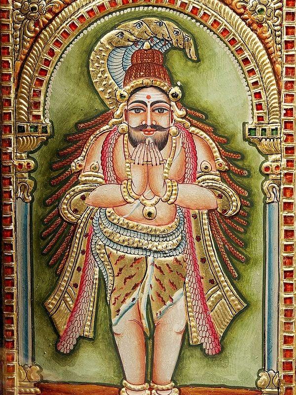 Exotic India Pradosha Moorthy (Shiva Parvati) | Tanjore Painting | With Vintage Teakwood Frame 