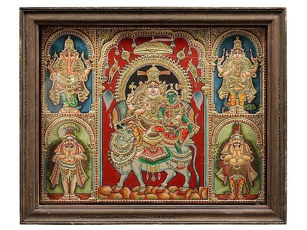 exotic india Pradosha Moorthy (Shiva Parvati) | Tanjore Painting | With Vintage Teakwood Frame 