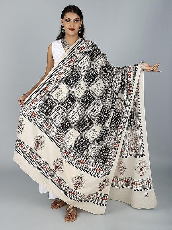 exotic india Prayer Shawl with Hare Krishna Hare Ram Print Pattern from ISKCON Vrindavan by BLISS