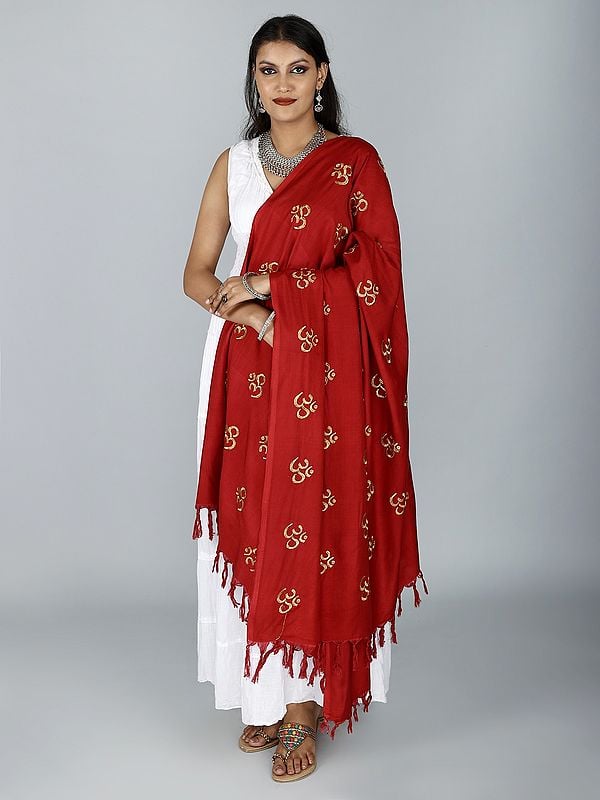Exotic India Prayer Shawl With Zari Embroidered Om Motif