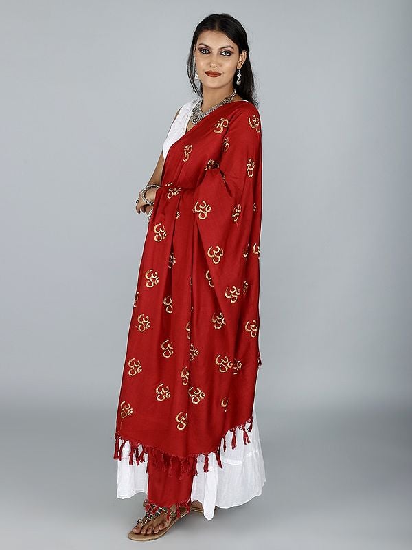 Exotic India Prayer Shawl With Zari Embroidered Om Motif