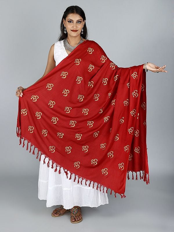 exotic india Prayer Shawl with Zari Embroidered Om Motif