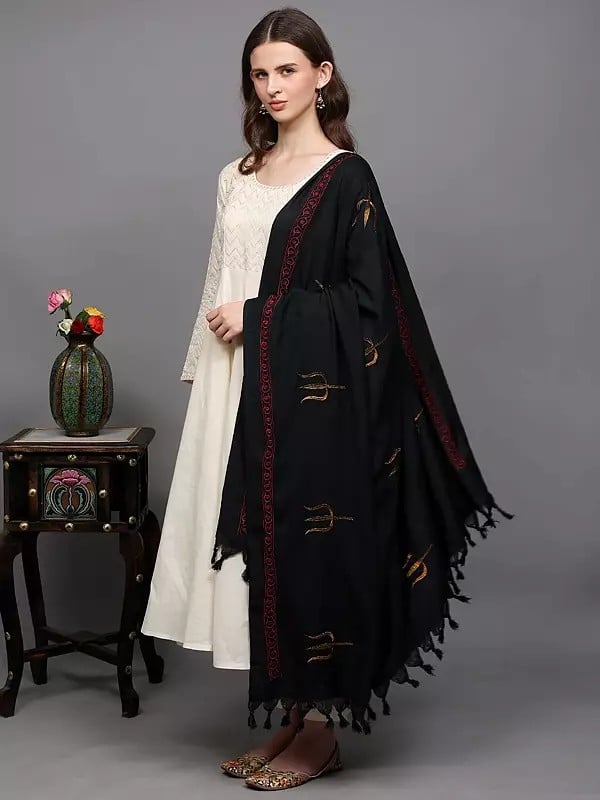Exotic India Prayer Shawl With Zari Embroidered Trishul (Trident) And Thread Work Border