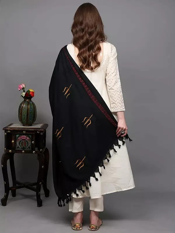 Exotic India Prayer Shawl With Zari Embroidered Trishul (Trident) And Thread Work Border