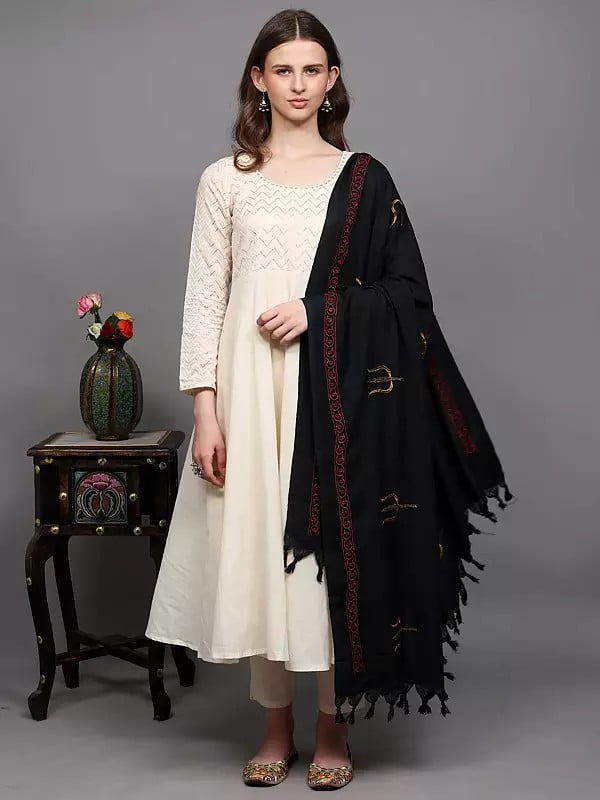 exotic india Prayer Shawl with Zari Embroidered Trishul (Trident) and Thread work Border 