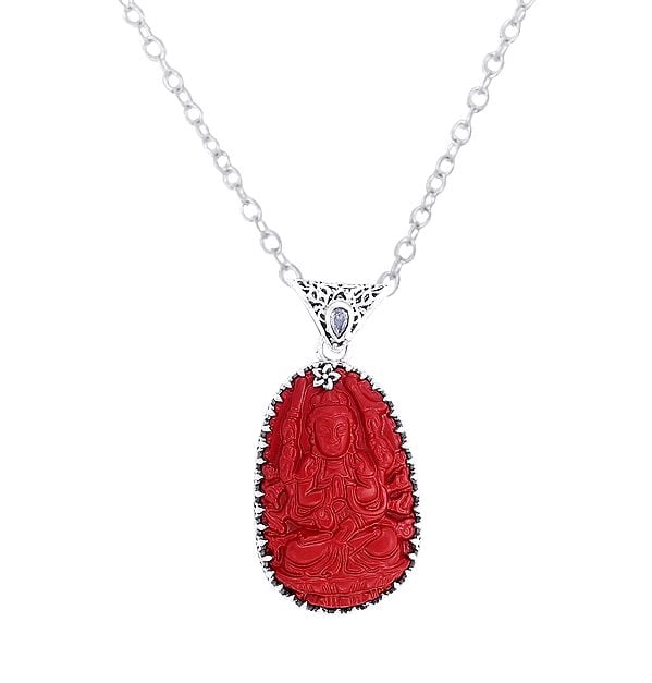 exotic india Precious Red Gemstone Buddha Pendant in Sterling Silver 