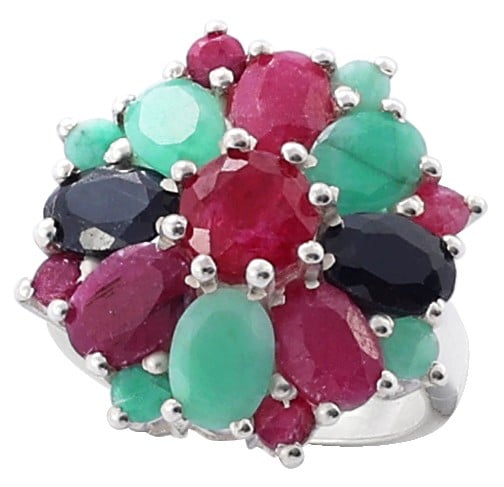 Exotic India Precious Ruby Emerald And Sapphire Gemstone Ring Made In Sterling Silver 
