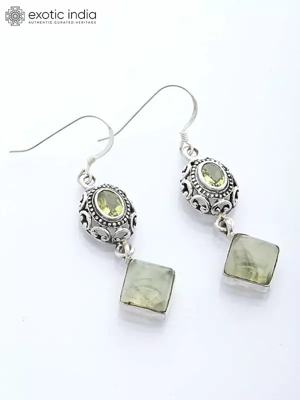 exotic india Prehnite Hook Earrings with Faceted Peridot