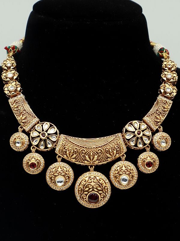 Exotic India Premium Brass Necklace Set With Attractive Carving Earrings In Hasli Look