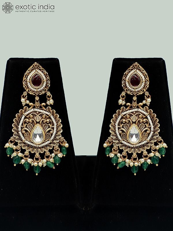 Exotic India Premium Matte Designer Carving Necklace Set With Beautiful Earrings And Mangtika