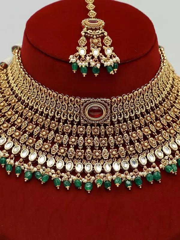 Exotic India Premium Matte Heavy Necklace Set With Beautiful Earrings