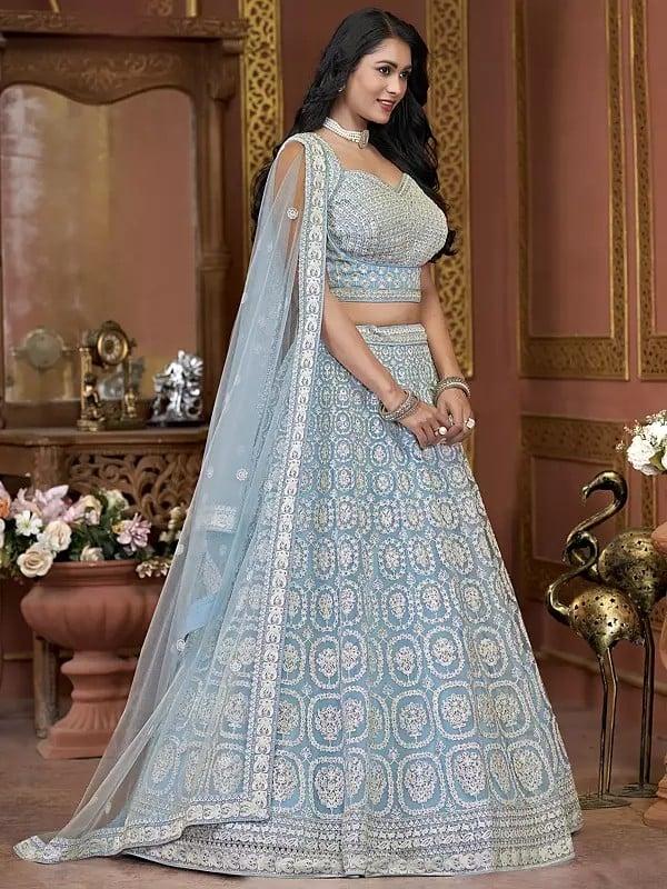 Exotic India Premium Net All Over Heavy Zarkan Work Designer Party Wear Lehenga Choli With Attractive Dupatta 