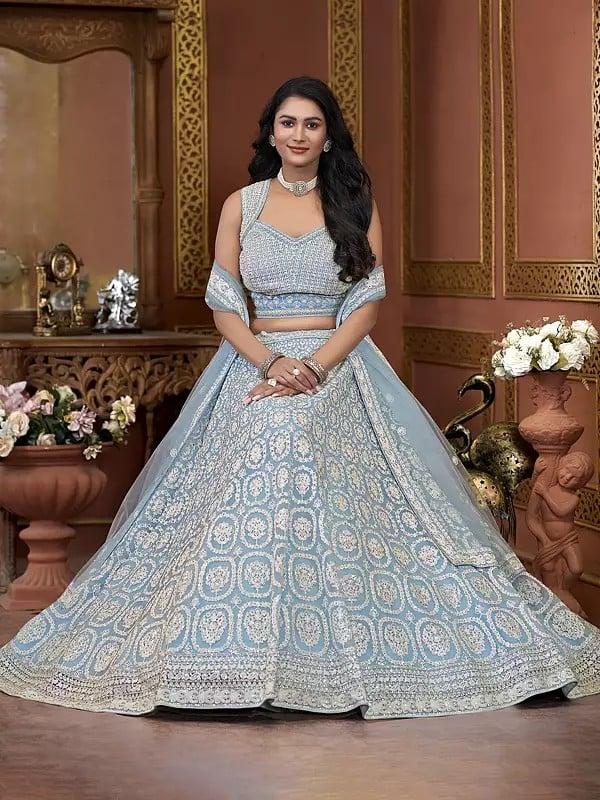 Exotic India Premium Net All Over Heavy Zarkan Work Designer Party Wear Lehenga Choli With Attractive Dupatta 