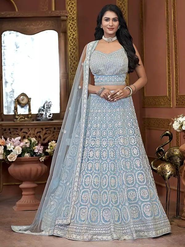 exotic india Premium Net All Over Heavy Zarkan Work Designer Party Wear Lehenga Choli With Attractive Dupatta 