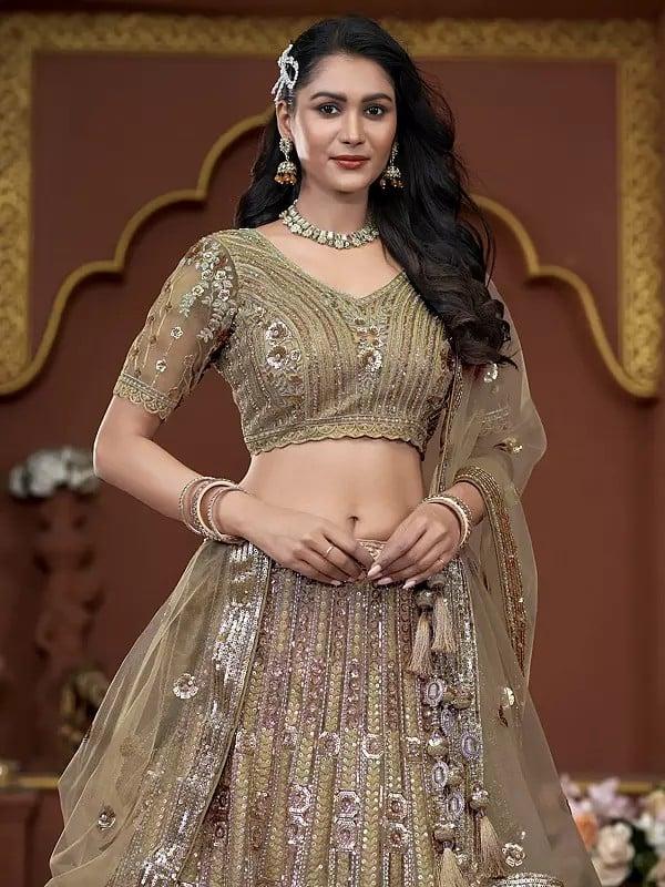 Exotic India Premium Net Heavy Sequins And Zarkan Work Fancy Wedding Wear Lehenga Choli With Dupatta 