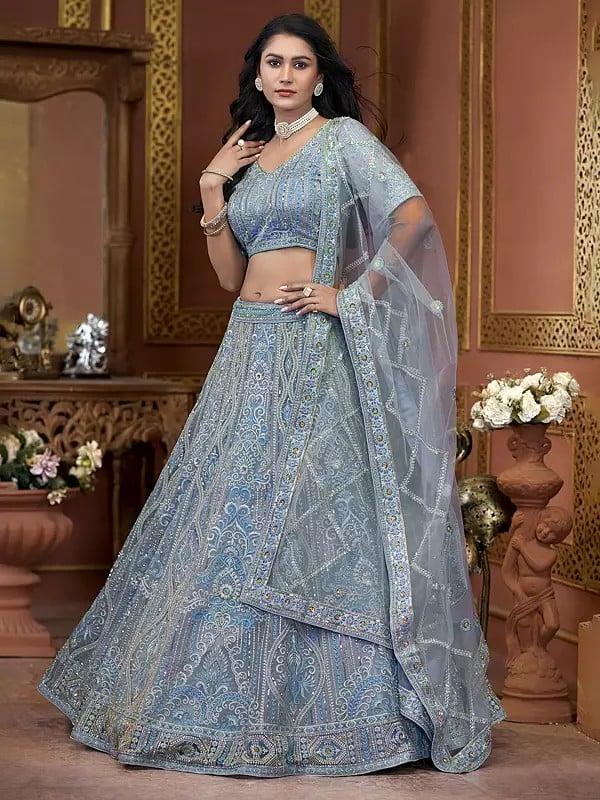 Exotic India Premium Net Heavy Zarkan And Sequins Work All Over Party Wear Lehenga Choli With Attractive Dupatta 
