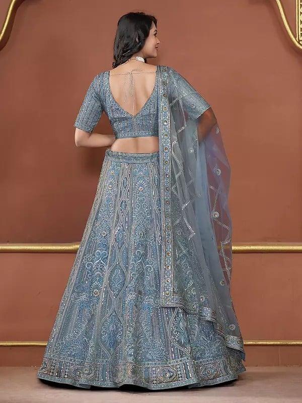 Exotic India Premium Net Heavy Zarkan And Sequins Work All Over Party Wear Lehenga Choli With Attractive Dupatta 
