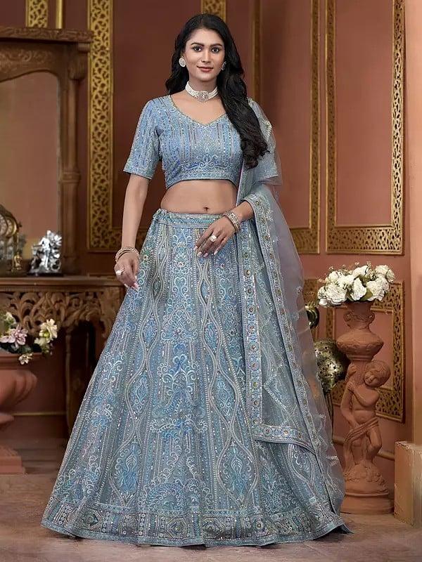 exotic india Premium Net Heavy Zarkan And Sequins Work All Over Party Wear Lehenga Choli With Attractive Dupatta 