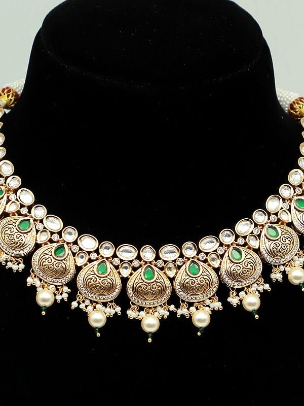 Exotic India Premium Quality Kundan Stone Necklace Set With Beautiful Carving And Earrings