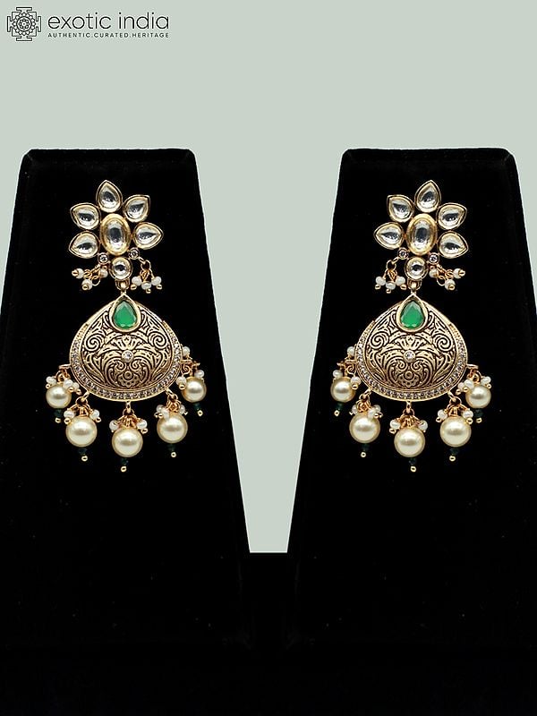 Exotic India Premium Quality Kundan Stone Necklace Set With Beautiful Carving And Earrings