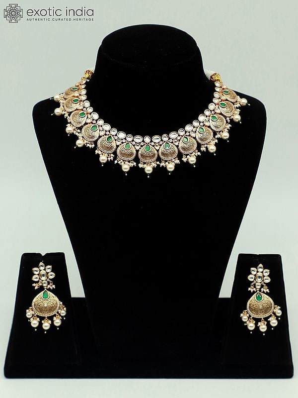 exotic india Premium Quality Kundan Stone Necklace Set With Beautiful Carving And Earrings 