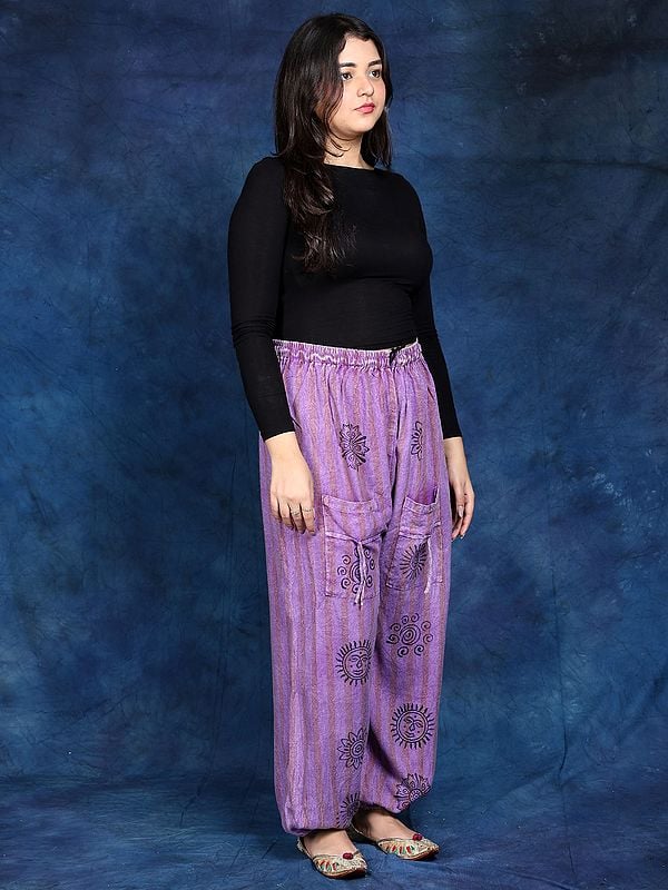 Exotic India Printed Hindu Symbols Yoga Trouser With Front Pockets 