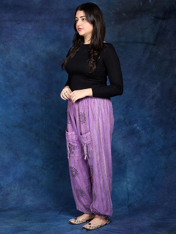 Exotic India Printed Hindu Symbols Yoga Trouser With Front Pockets 