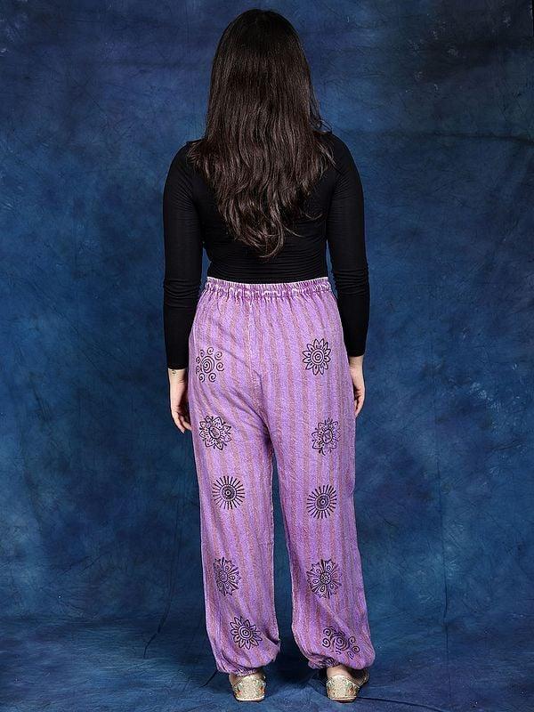 Exotic India Printed Hindu Symbols Yoga Trouser With Front Pockets 