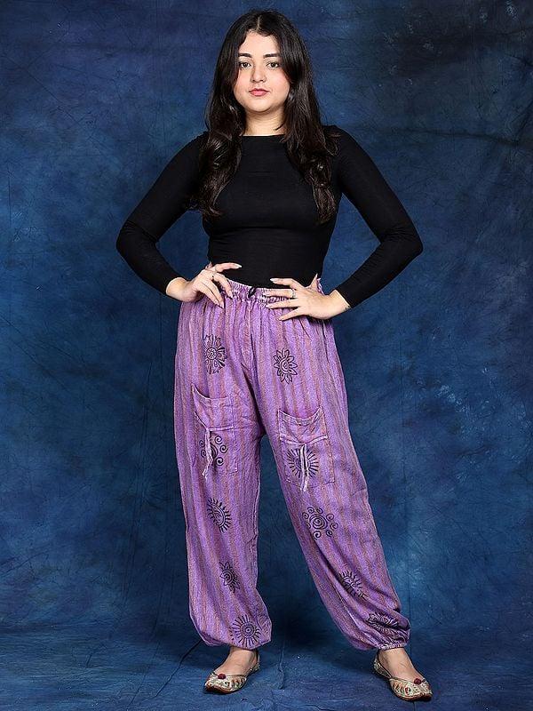 exotic india Printed Hindu Symbols Yoga Trouser with Front Pockets
