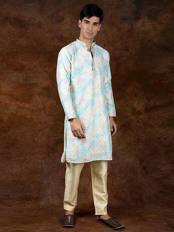 Exotic India Printed Kurta Pajama With Woven Bootis And Gota-Patti On Neck 