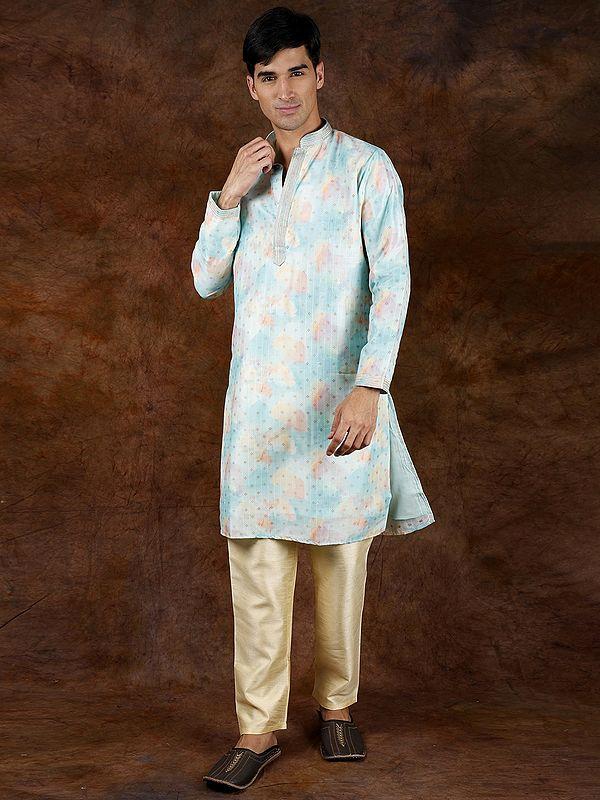 Exotic India Printed Kurta Pajama With Woven Bootis And Gota-Patti On Neck 