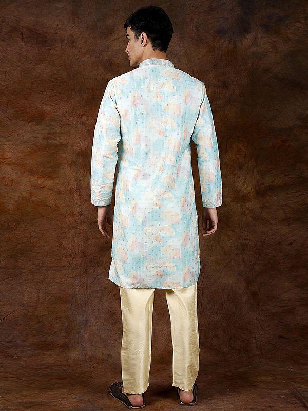 Exotic India Printed Kurta Pajama With Woven Bootis And Gota-Patti On Neck 