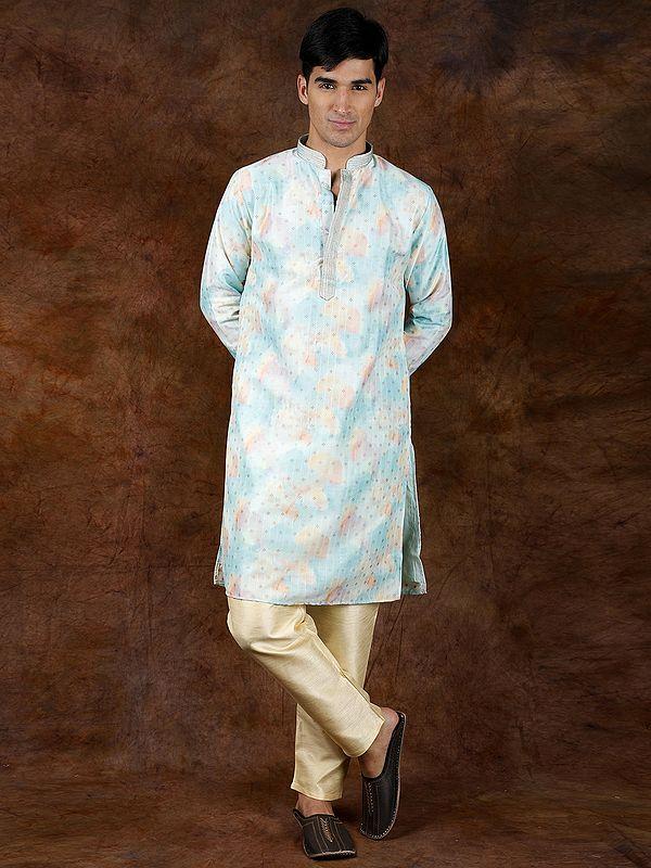exotic india Printed Kurta Pajama with Woven Bootis and Gota-Patti on Neck 