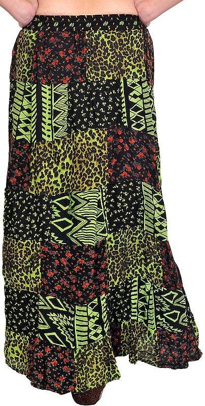 Exotic India Printed Long Boho Skirt From Gujarat With Patch Work 