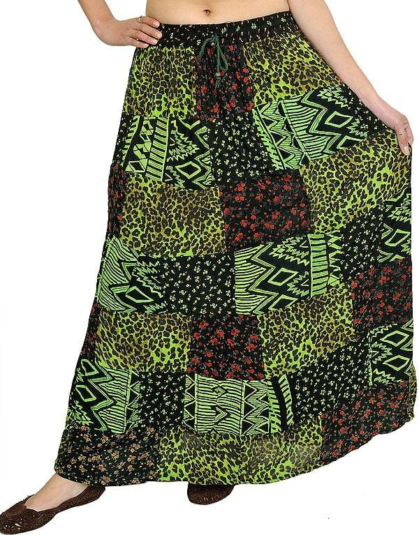 exotic india Printed Long Boho Skirt from Gujarat with Patch Work