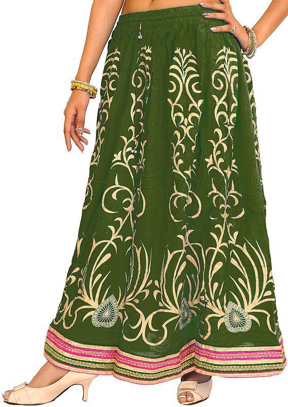 Exotic India Printed Long Skirt With Embellished Patch Border 