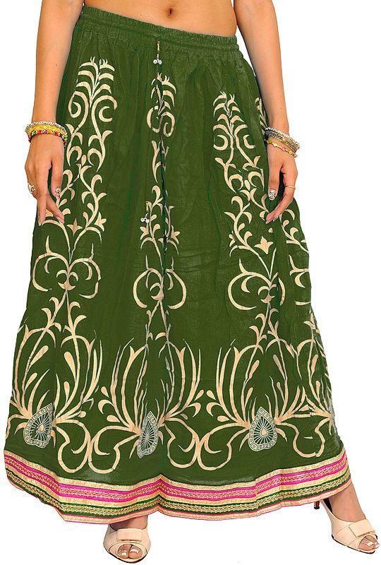 exotic india Printed Long Skirt with Embellished Patch Border 