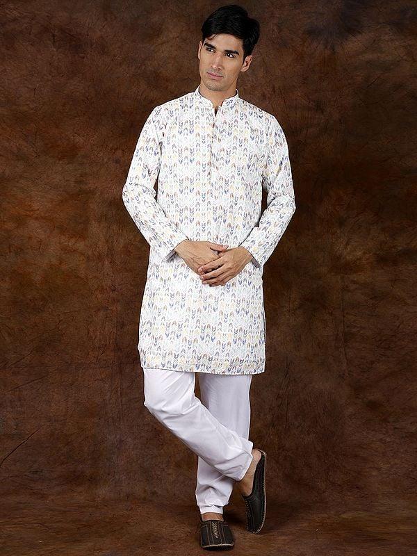 Exotic India Printed Multi-Colored Kurta Pajama Set With Embroidery In Self-Colored Thread 