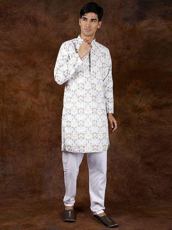 Exotic India Printed Multi-Colored Kurta Pajama Set With Embroidery In Self-Colored Thread 