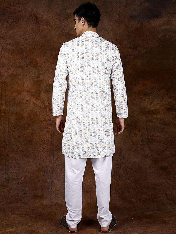 Exotic India Printed Multi-Colored Kurta Pajama Set With Embroidery In Self-Colored Thread 